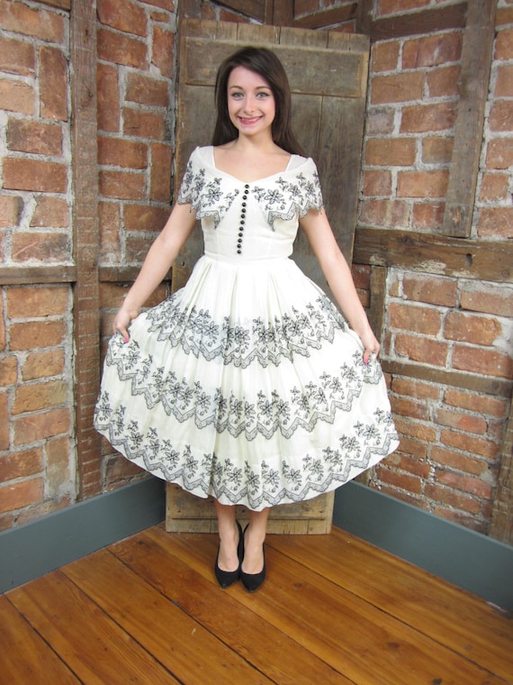 1950s-60s Summer Dress -1960s Black Flocked Party