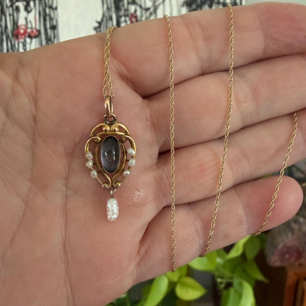 10K Gold Lavalier Necklace 1920s Art Nouveau Seed pearl 14K Chain