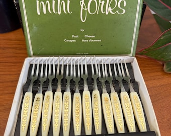 1960s Forks Relish Hors D'oeuvre Little Ivory Plastic Handle w/ Gold Floral Decoration Stainless Steel w/ box