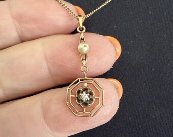 10K Gold Diamond Lavalier Necklace 14K Chain 1920s Art Nouveau Seed pearl