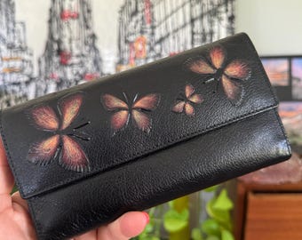 Vintage Black Butterfly Wallet New with box Leather Tri Fold 70s