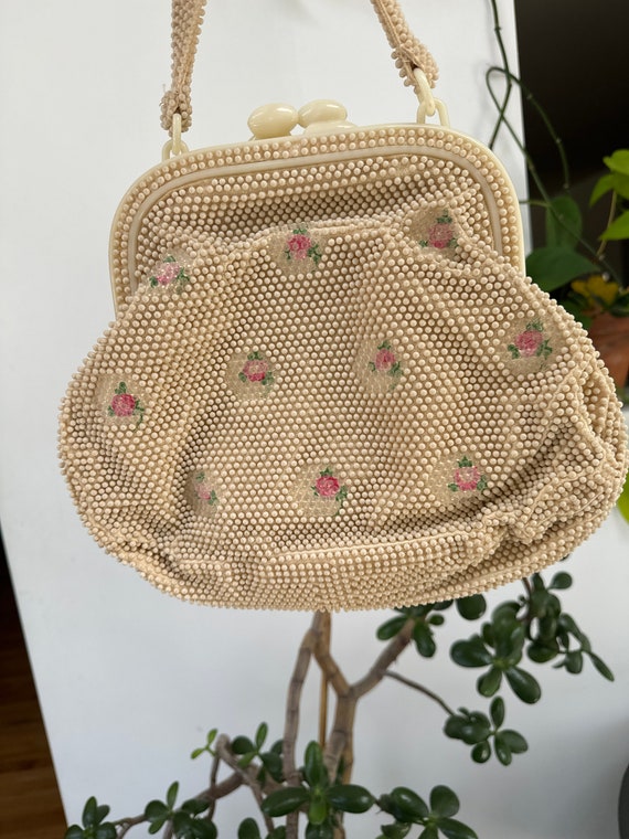 Vintage 1960s Beaded FLORAL Large Purse Cream Spr… - image 2