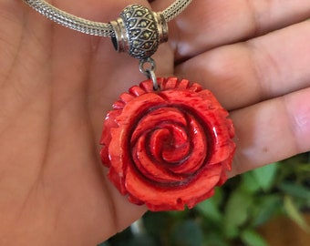 Sterling Silver Red ROSE Necklace marcasite Pendant Floral Vintage