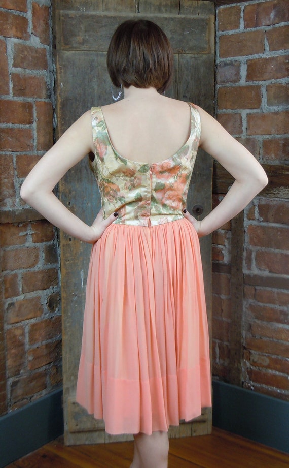 1950's 1960's Dress / Peach Chiffon Prom Dress / … - image 3