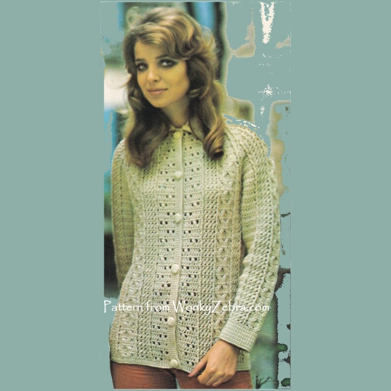 May include: A crochet cardigan with a button-up front and long sleeves. The cardigan is a light beige color and has a delicate openwork pattern.