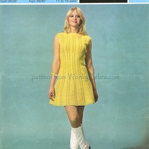 May include: A crochet pattern for a yellow mini dress with a crochet stitch pattern. The pattern is from Sirdar and is number 5092. The pattern is for sizes 34/38 inches bust and 36/40 inches hips. It requires 11 to 16 balls of yarn.