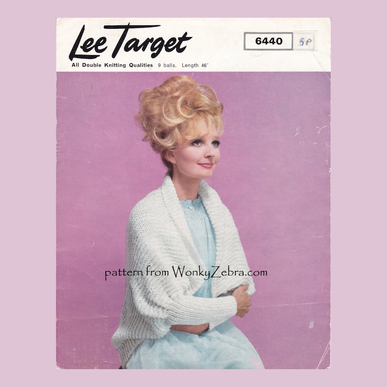 May include: A vintage knitting pattern featuring a white cardigan with long sleeves. The pattern is from Lee Target and is number 6440. The pattern requires 9 balls of yarn and the finished garment is 46 inches long.