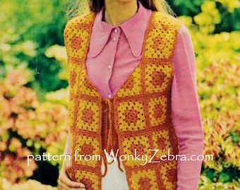 Vintage Crochet Granny Square Waistcoat Pattern PDF 771 from WonkyZebra