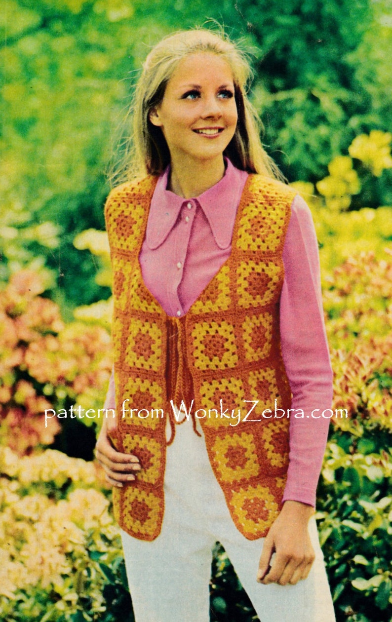 Vintage Crochet Granny Square Waistcoat Pattern PDF 771 from WonkyZebra image 1