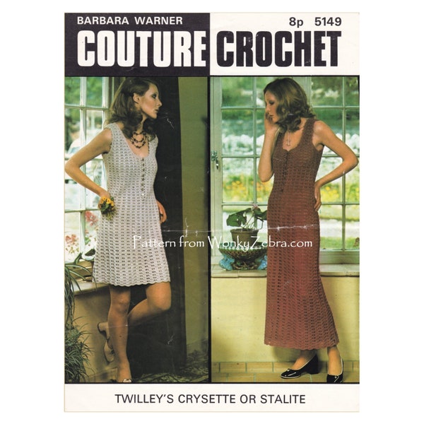 Crochet Dress Front Buttoned Empire Line Vintage Crochet Pattern PDF Z1095 from WonkyZebra