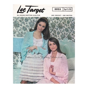 May include: A vintage Lee Target knitting pattern booklet 8853 featuring two open-front shrugs, one in light blue and one in pale pink, with the text Lee Target 8853 7p (1/5) ALL DOUBLE KNITTING QUALITIES ONE CROCHET — ONE KNITTED and Pattern from WonkyZebra.com.