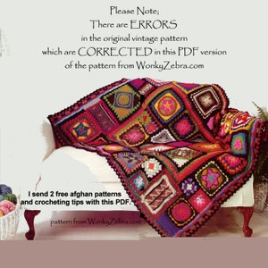 May include: A colorful crochet blanket with a variety of squares in different colors and patterns. The blanket is draped over a white couch. The text "Please Note; There are ERRORS in the original vintage pattern which are CORRECTED in this PDF version of the pattern from WonkyZebra.com" is visible at the top of the image. The text "I send 2 free afghan patterns and crocheting tips with this PDF. pattern from WonkyZebra.com" is visible at the bottom of the image.