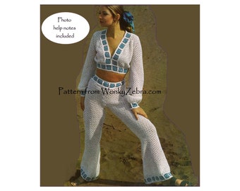 Crochet Granny Square Pants Suit 279  trousers and top Vintage PDF EMAILED from WonkyZebra