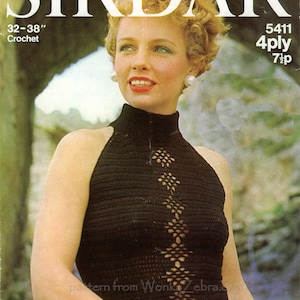 May include: A crochet pattern for a black halter top with a lace-like design down the front. The pattern is for sizes 32-38 inches and uses 4-ply yarn. The pattern is from "Wonkiz Zebra".