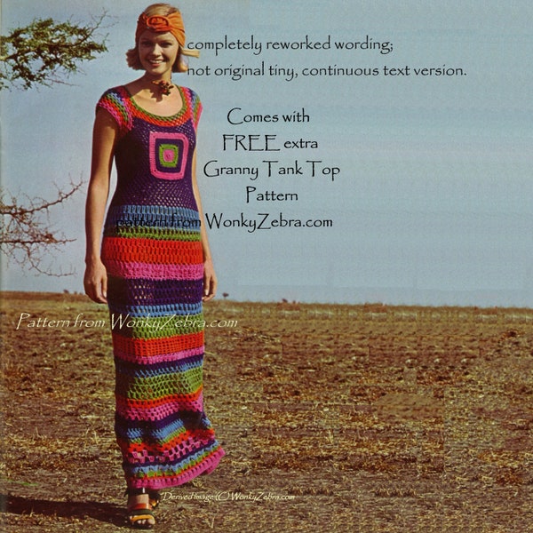 Granny Square Crochet Maxi Dress Vintage Pattern PDF 134 from WonkyZebra