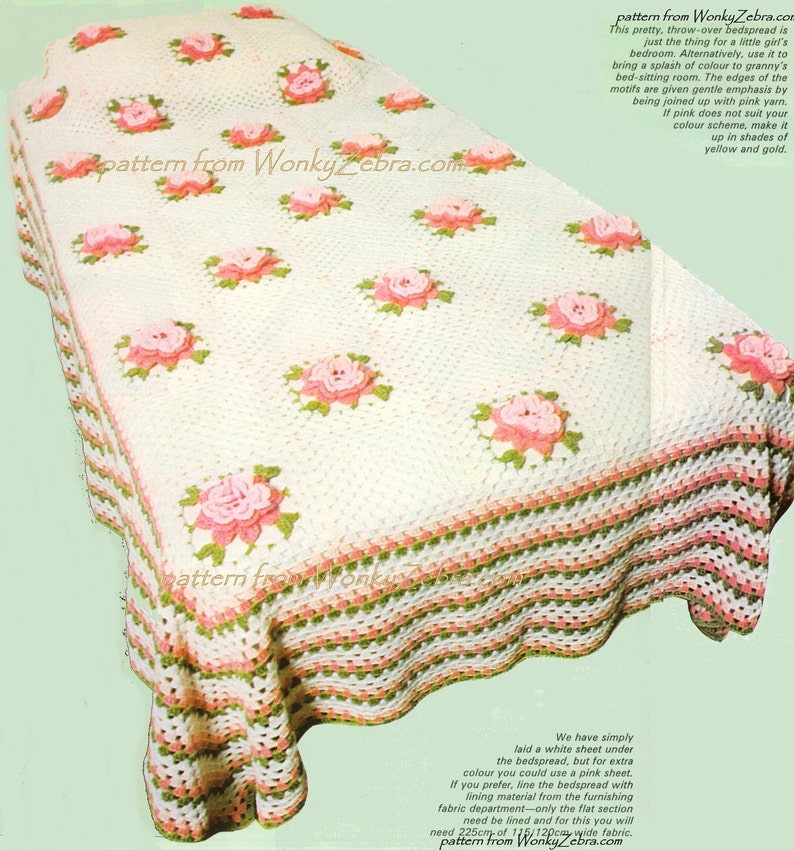 Virkat överkast i vintage-stil med rosenmönster i PDF-format och bonusblomma-handledning 299 från WonkyZebra bild 1