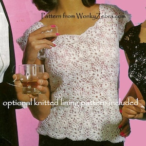 May include: A white short-sleeved top featuring an intricate floral crochet pattern with a scalloped neckline and hem. The text "Pattern from WonkyZebra.com" and "optional knitted lining pattern included" is visible on the image.
