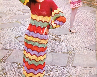 Crochet Dress Pattern Vintage PDF 095 BoHo ZigZag Maxi and mini Dress from WonkyZebra