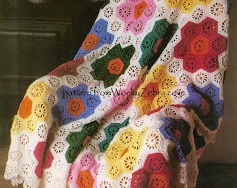 Vintage Crochet Blanket Pattern Grandmothers garden  Hexagon  Hexagonal Flower Afghan Blanket WZ 262 PDF from WonkyZebra