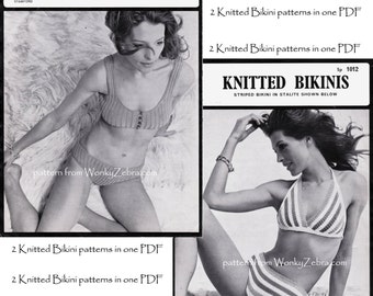 Två stickade BIKINI Vintage stickade bikinimönster PDF 777 från WonkyZebra