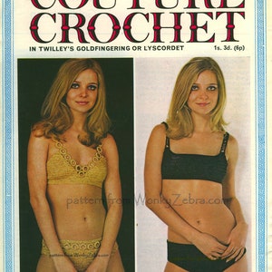 May include: A vintage crochet pattern booklet featuring two women wearing crocheted bikini tops and bottoms. The booklet cover features the title "Couture Crochet" in bold red and black lettering. The text "In Twilley's Goldfingering or Lyscordet" is printed below the title. The price is listed as "1s. 3d. (6p)".