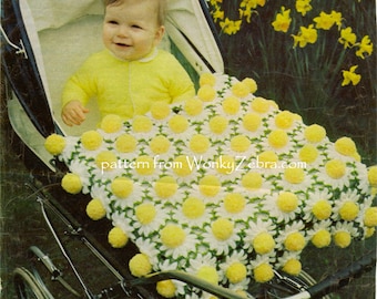 Vintage baby afghan Daisy Pompom Blanket Crochet Pattern PDF 678 from WonkyZebra