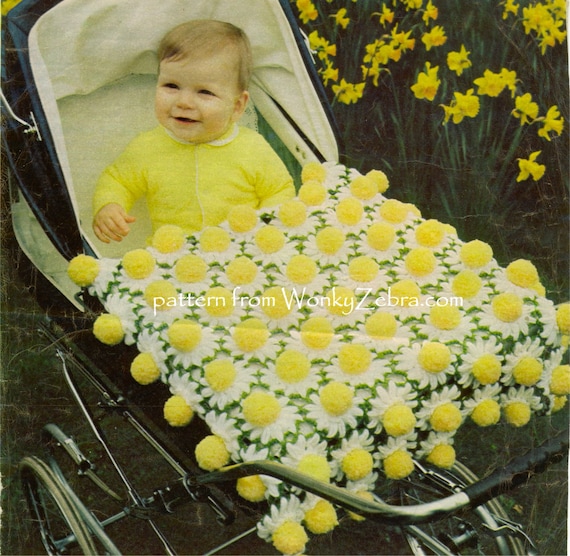 Vintage baby afghan Daisy Pompom Blanket Crochet Pattern PDF 678 from WonkyZebra