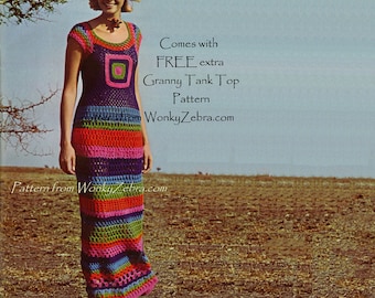 Vintage Crochet Pattern PDF 134 Granny Square Maxi Dress from WonkyZebra