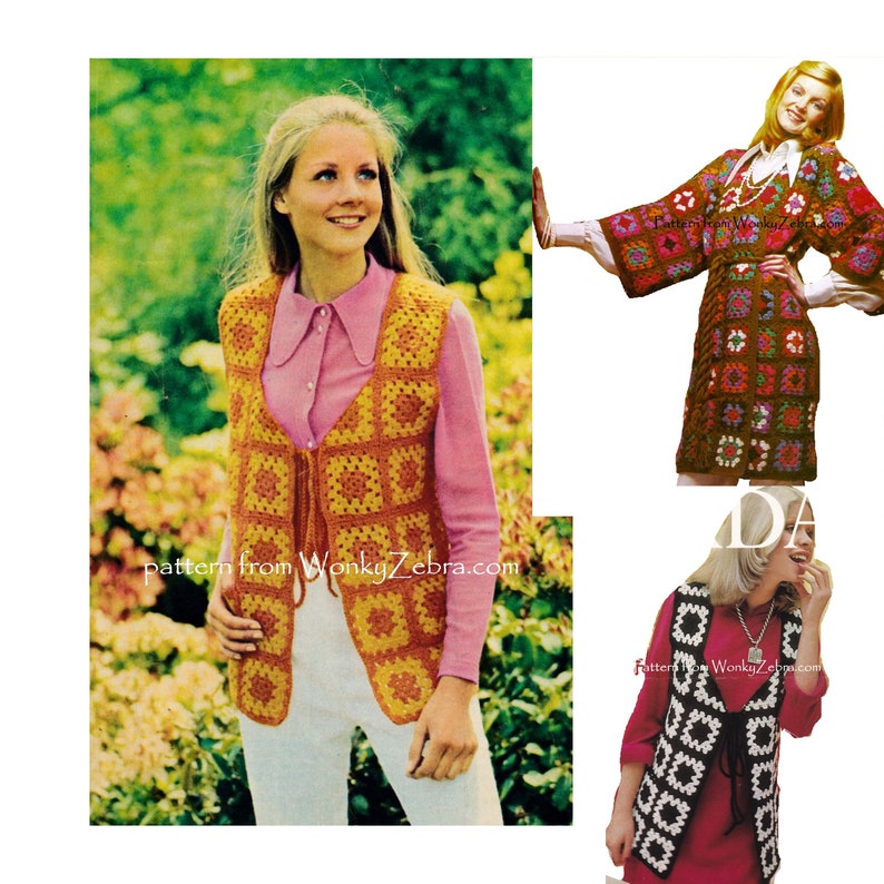 Vintage Crochet Grandma Square Waistcoat Pattern PDF 771 de WonkyZebra imagen 4