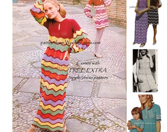 Crochet Dress Pattern Vintage PDF 095 BoHo ZigZag Maxi and mini Dress from WonkyZebra