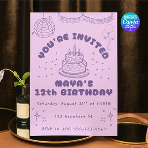 Modèle modifiable de faire-part d'anniversaire de fille rose l Fête d'anniversaire | Invitation discothèque