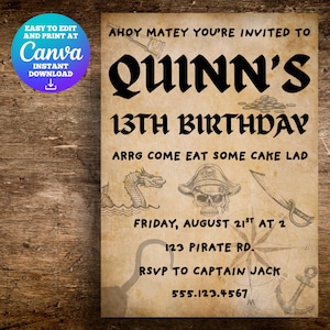 Editable Pirate Themed Birthday Invitation Card | Pirate Template | Ahoy Matey | ARRG | Canva