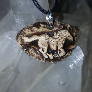 May include: A pendant featuring a carved horse figure on a textured, brown and cream-colored organic material. The pendant is suspended from a thin black cord by a silver-toned metal jump ring, showcasing a detailed equine silhouette.