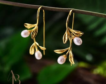 Pendientes colgantes de perlas con forma de hoja de olivo en plata de ley 925 / Pendientes colgantes de perlas naturales de agua dulce / Elegante regalo de joyería nupcial para ella