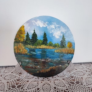 Peinture à l'huile ronde sur carton - Paysage de rivière serein