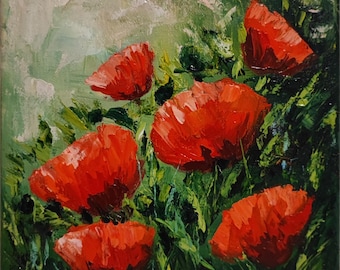 Papaveri scarlatti – Dipinto ad olio originale (7,87 x 7,87 pollici, Arte murale floreale testurizzata su tela)