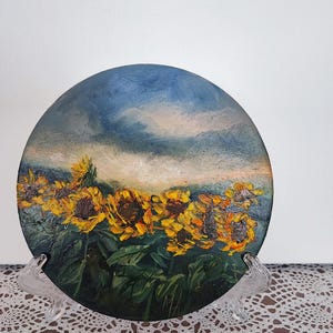 Pintura original de girassol texturizado – óleo empastado sobre tela redonda, arte de parede com paisagem de campo de girassol, natureza pintada à mão