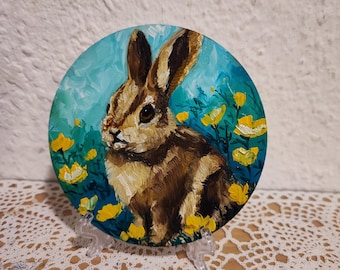 Handgemaltes Hasen-Ölgemälde – Miniatur-Kunst aus Holz