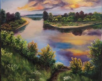Original oljemålning av solnedgångsflod på duk, färgglatt landskap (40 x 50 cm)