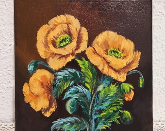 Original Golden Poppy Ölgemälde, warme Blumen Cottage Wandkunst (20,5 x 20 cm)