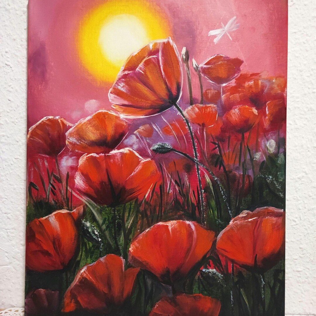 Red Poppy Field Oil Painting – Sunset Landscape, Floral Wall Art (30x40 ...