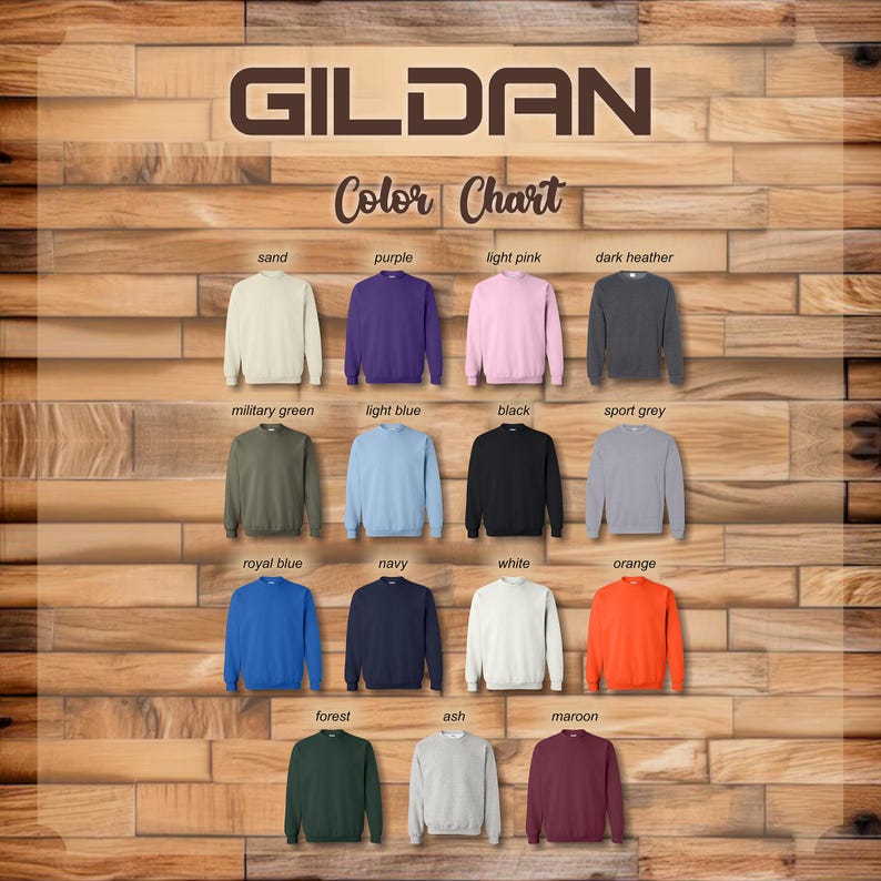 Pode incluir: Um gr&aacute;fico de cores da Gildan exibe uma variedade de cores de camisolas. O gr&aacute;fico inclui cores como areia, roxo, rosa claro, cinza escuro, verde militar, azul claro, preto, cinza desportivo, azul royal, marinho, branco, laranja, floresta, cinza e bord&ocirc;.
