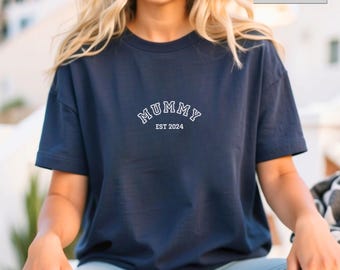 Embroidered Mummy Est 2024 Tshirt, Custom Mama Tshirt, Pregnancy Announcement Shirt, New Mom Gifts, Personalized Gifts For Mom, Mommy Tshirt
