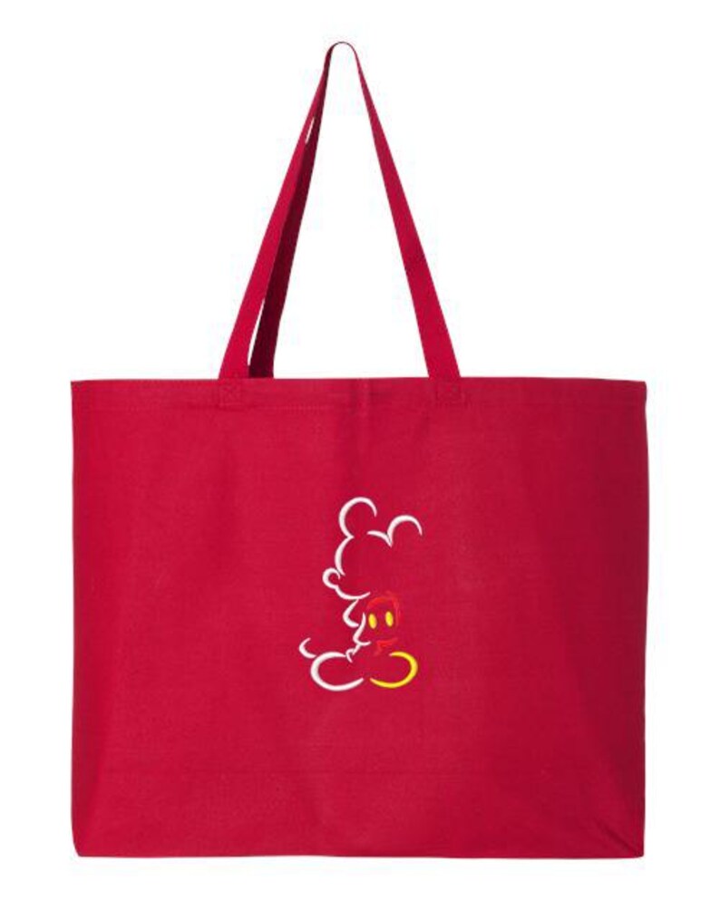 May include: A red tote bag with long straps. The bag features a white outline of Mickey Mouse with red shorts and yellow shoes. The bag is made of a durable fabric and is suitable for carrying various items.