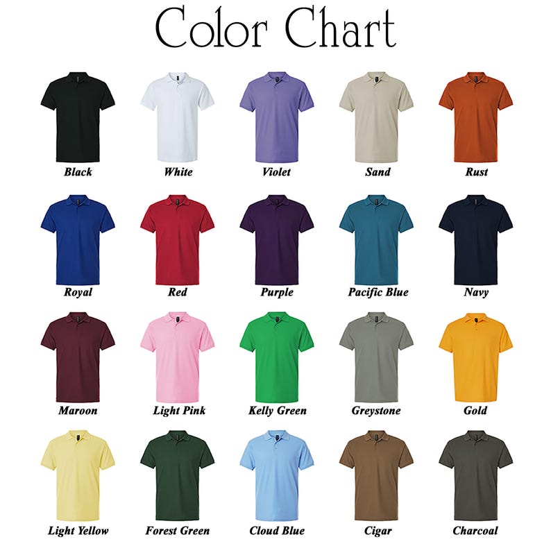 K&ouml;nnte beinhalten: Eine Farbkarte mit Poloshirts in verschiedenen Farben: Schwarz, Wei&szlig;, Violett, Sand, Rost, K&ouml;nigsblau, Rot, Lila, Pazifikblau, Marine, Burgunderrot, Hellrosa, Kellygr&uuml;n, Greystone, Gold, Hellgelb, Waldgr&uuml;n, Himmelblau, Zigarre und Holzkohle. Der Text "Color Chart" steht oben.