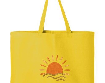 Embroidered Boho Sun Tote Bag, Sunshine Bag, Sunset Designed Bag, Summer Art Bag