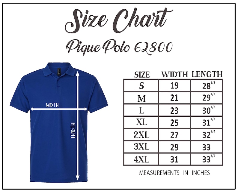 K&ouml;nnte beinhalten: K&ouml;nigsblaues Pique-Poloshirt mit Gr&ouml;&szlig;entabelle. Die Tabelle zeigt Ma&szlig;e in Zoll f&uuml;r die Gr&ouml;&szlig;en S bis 4XL, mit Breiten von 48,26 cm bis 78,74 cm und L&auml;ngen von 72,39 cm bis 85,73 cm.