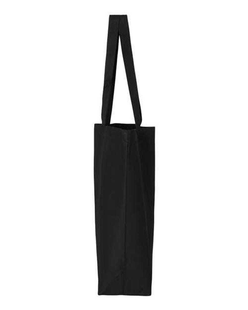 May include: A solid black tote bag with two long handles. The bag is rectangular with a simple, minimalist design. The handles are attached at the top and are the same black color as the bag. The bag is made of a sturdy material.