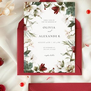 Modèle élégant de faire-part de mariage floral rouge et blanc | Toile d'invitation modifiable | Téléchargement numérique 5 x 7