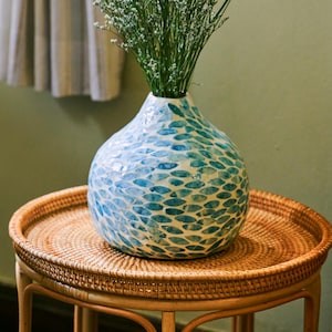 Handmade Bamboo Vase – Coastal Boho Decor, Pearl Blue Petal Design (Dry Elements Only)